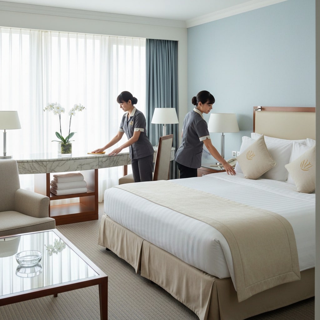 Zwei Zimmermädchen in grauer Uniform reinigen und richten ein helles Hotelzimmer her.